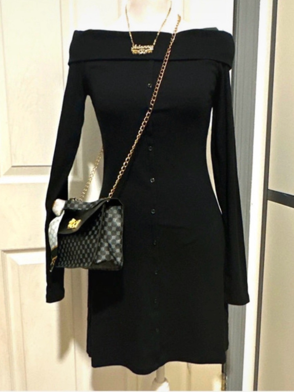 wild fable Off-Shoulder Black Button-Front Midi Dress